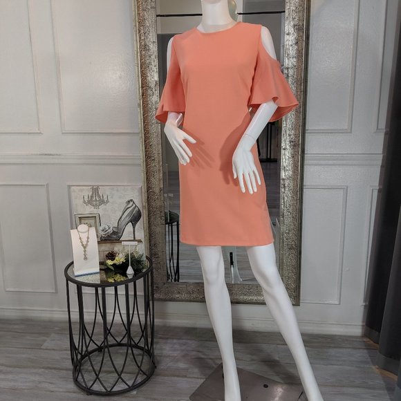 Calvin Klein Dresses & Skirts - Salmon Peach Cocktail Midi Dress With Sleeves